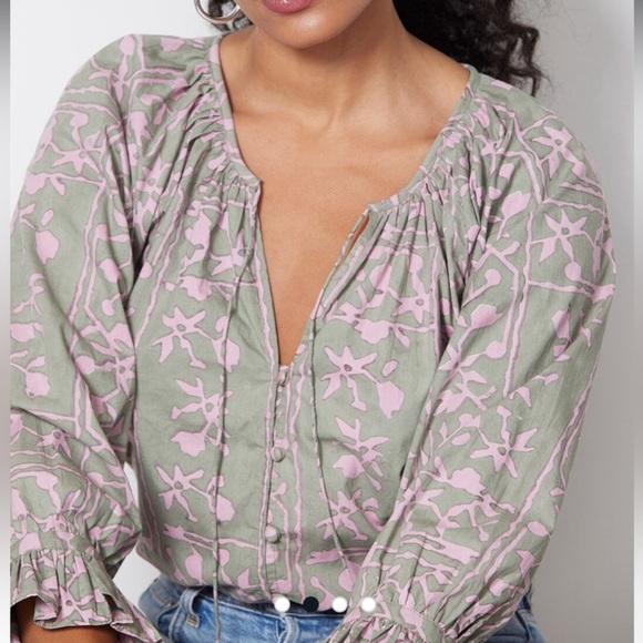 Cleobella | Whitley Ruffle Sleeve Button Front Split V-neck‎ Tie Boho Blouse XL - Picture 2 of 13